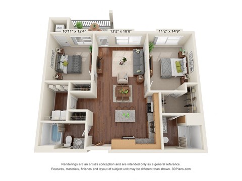 Floor plan for 2 beds, 2 baths, 1069 sqft